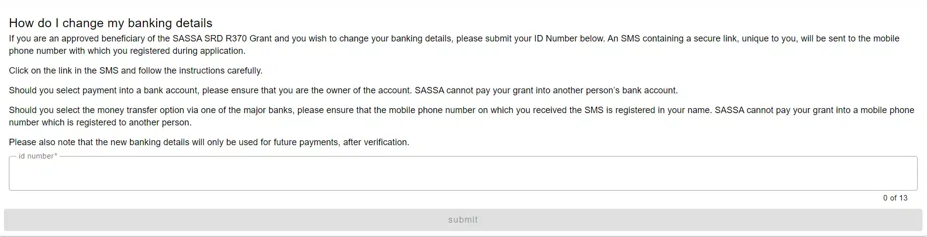 Change SASSA Banking Details For SRD R370 And Social Grants 1 SRD change banking details link